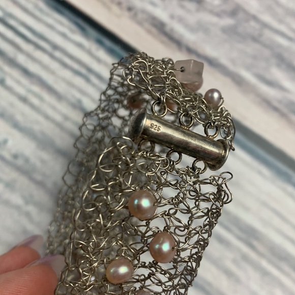 Silver 925 Stamped Wire Wrapping Bracelet with Pearls and Stone Beads - Picture 3 of 3